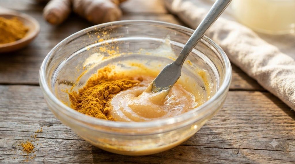 A close-up shot of a small bowl with Vaseline and turmeric being mixed with a spatula showing the creamy texture of the 
