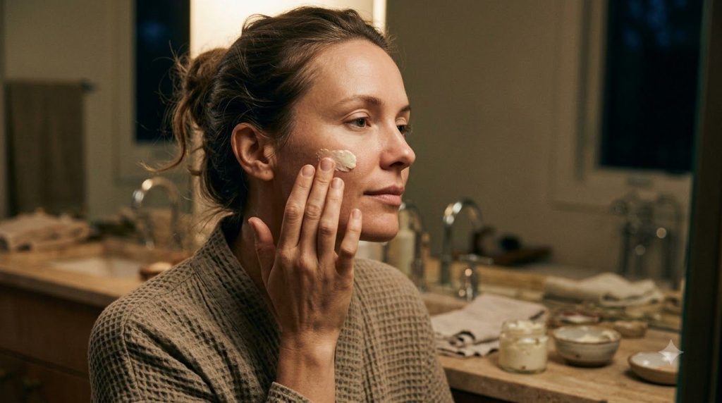 A woman gently applying a small amount of a homemade Vaseline blend to her face at night showing a serene and focused ex