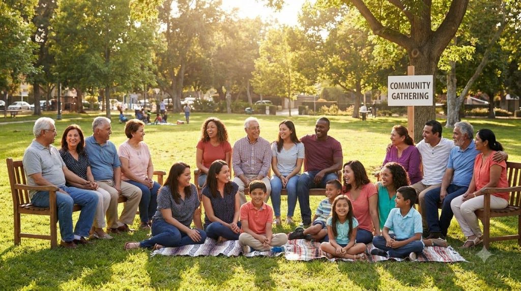 A diverse group of people from various age groups and backgrounds interacting with kindness and understanding in a commu