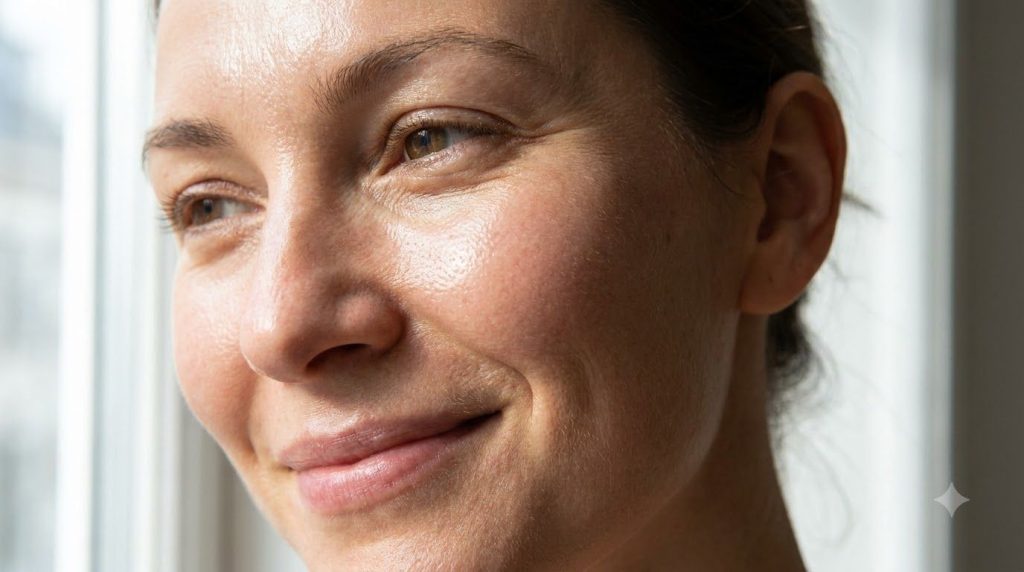 A close-up of a woman s radiant smooth and healthy skin showing a youthful glow possibly after a skincare routine