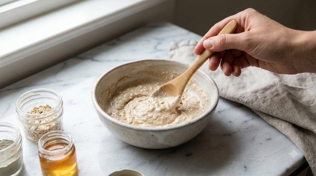 A person s hand mixing a DIY face mask in a small bowl showing the texture of the combined ingredients baby oil Vaseline