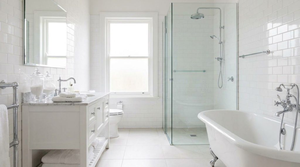 A pristine sparkling clean bathroom with white tiles and fixtures well-lit and free of any mold or grime showcasing a pe