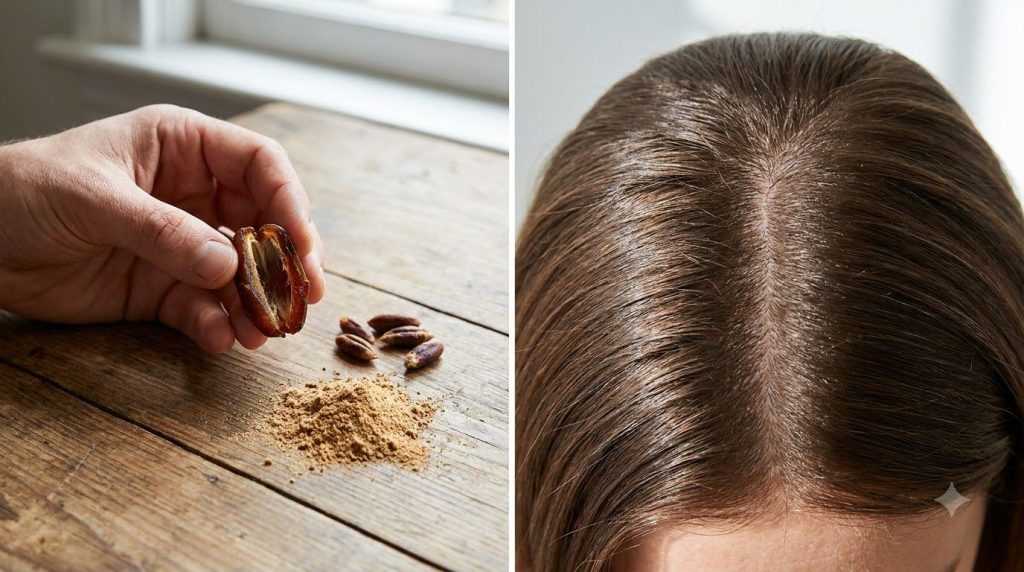 A diptych image showing a hand holding a halved date with seeds and powder on the left and a healthy scalp with brown ha