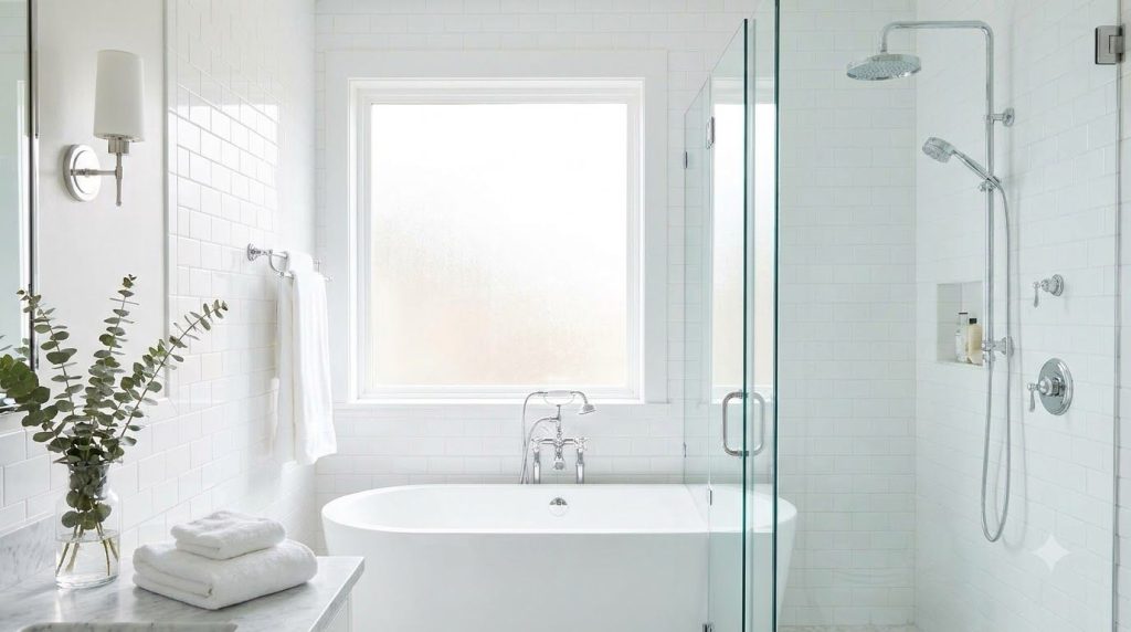 A well-lit sparkling clean bathroom with no mold showing shiny tiles and fixtures