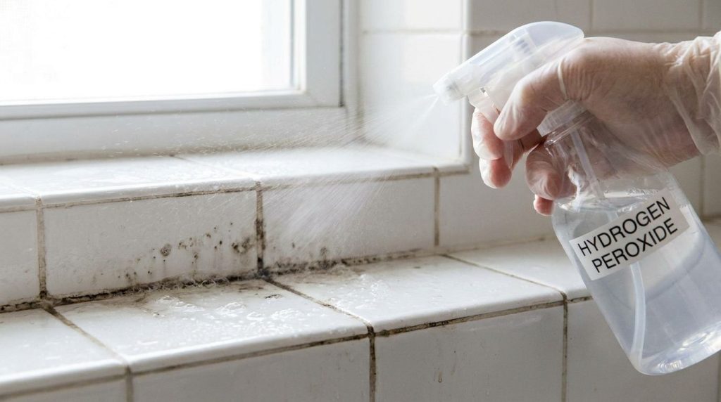 A close-up of a spray bottle applying hydrogen peroxide to a moldy tile grout in a bathroom