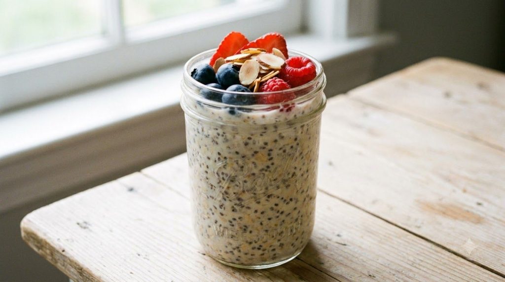 A glass mason jar filled with prepared chia seed and oat overnight oats topped with fresh berries and sliced almonds wit