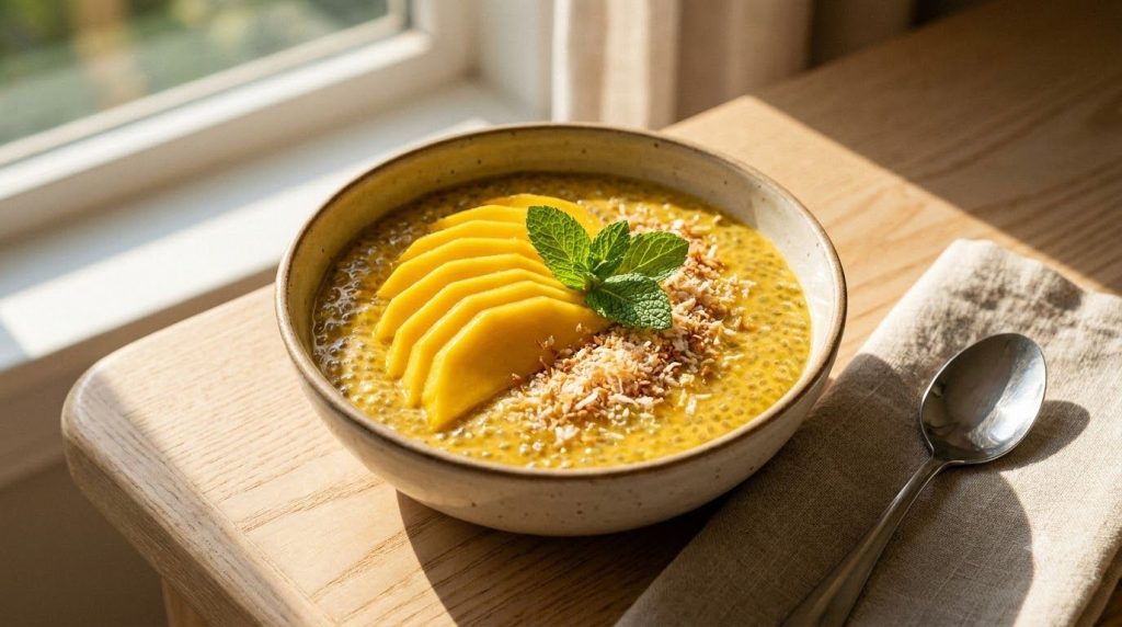 A sunny bowl of mango chia pudding garnished with fresh mango slices and mint