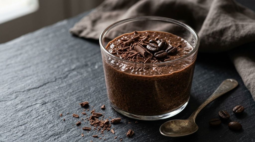 A rich dark chocolate coffee chia pudding topped with chocolate shavings and coffee beans