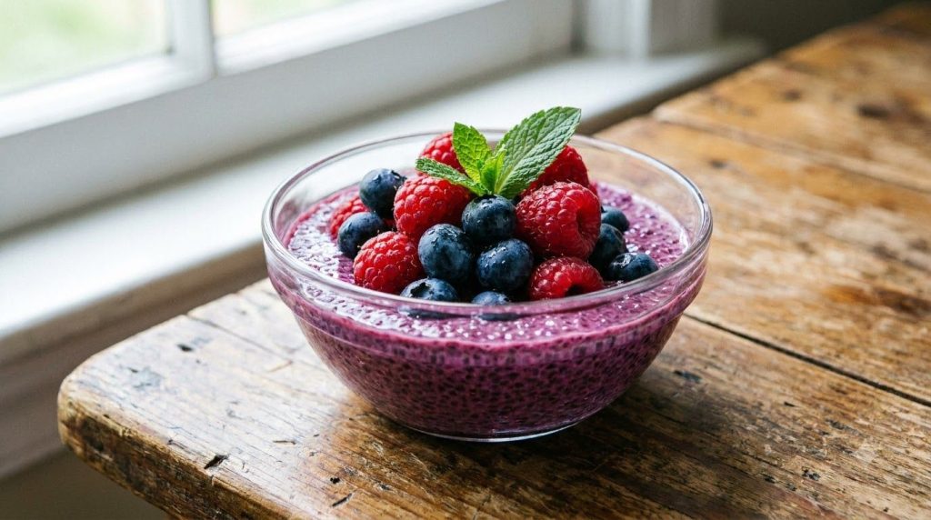 A bowl of berry chia pudding topped with fresh raspberries blueberries and a mint leaf