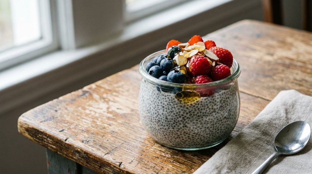 A glass jar of properly soaked chia pudding with fruit and nuts