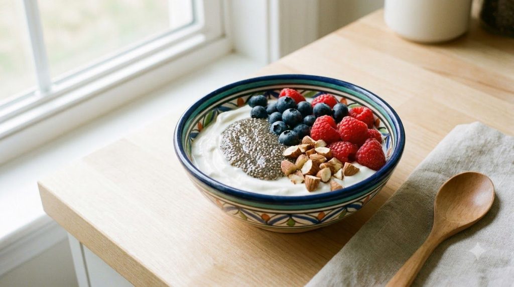A bowl of unsweetened yogurt topped with chia seeds fresh berries and a sprinkle of nuts