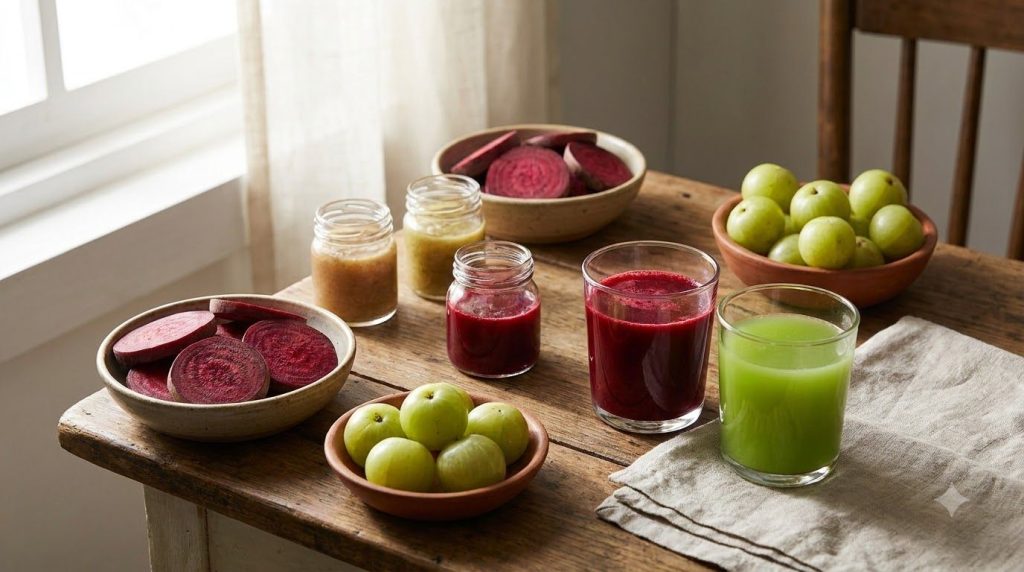 Fresh beetroot and amla Indian gooseberry alongside glasses of their respective juices