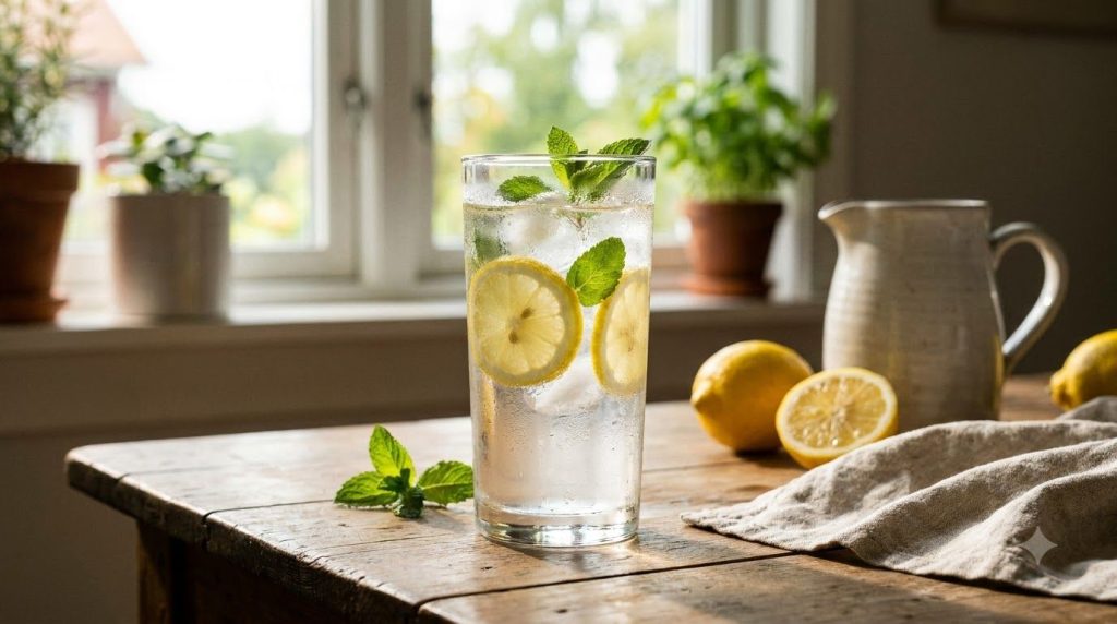 A glass of lemon water with fresh lemon slices on a wooden table with a blurred healthy background