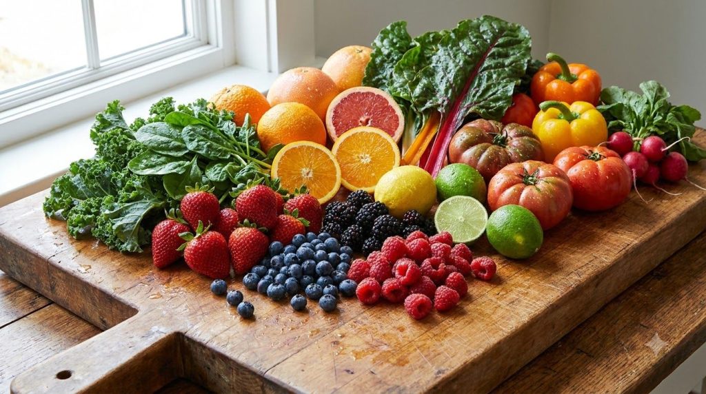 A variety of colorful fruits and vegetables known for their antioxidant properties arranged artfully on a chopping board