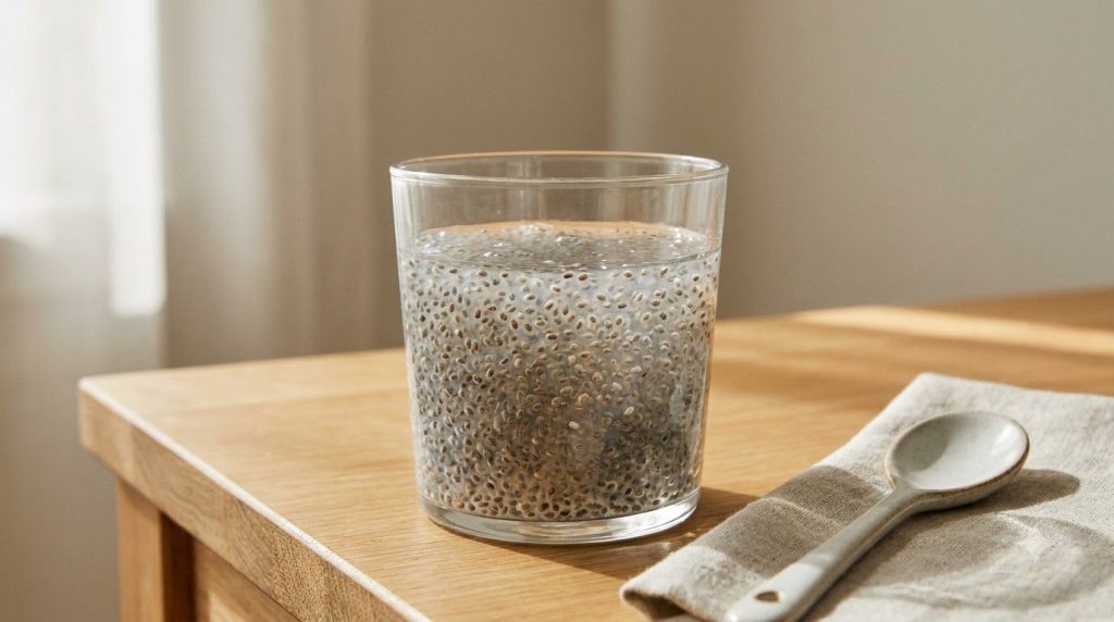 A clear glass with chia seeds soaking in water forming a gel-like consistency A simple minimalist background