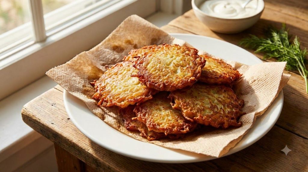 Crispy golden potato pancakes draining on a paper towel-lined plate after frying