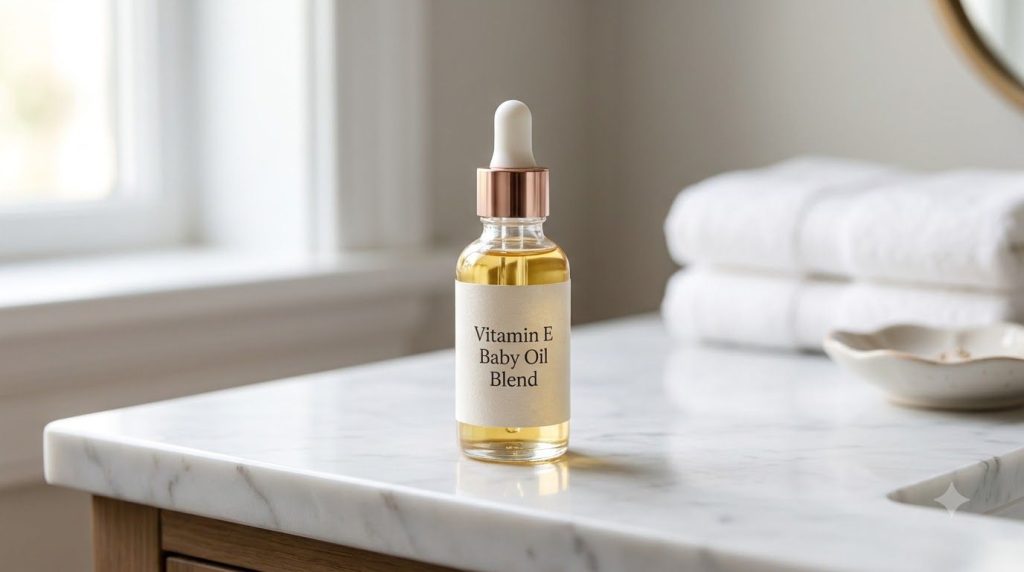 A small bottle of baby oil infused with vitamin E possibly with a dropper on a vanity