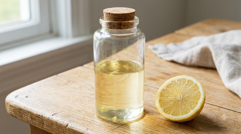 A small bottle of baby oil infused with lemon next to a fresh lemon slice