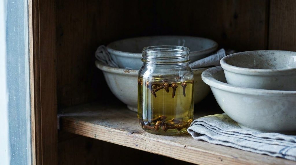A small glass jar with baby oil and whole cloves infusing inside sitting in a cool dark place
