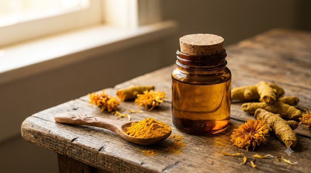A small jar of baby oil infused with turmeric showing its golden color with a spoon of turmeric powder next to it