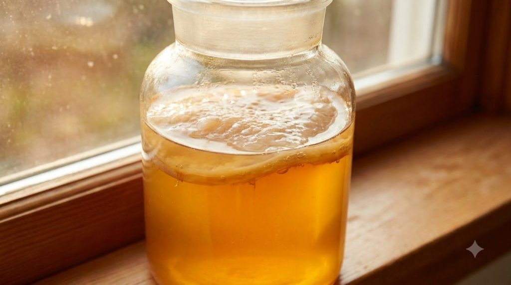 A close-up of a mother of vinegar a translucent gelatinous disc floating in a glass jar of amber-colored apple cider vin
