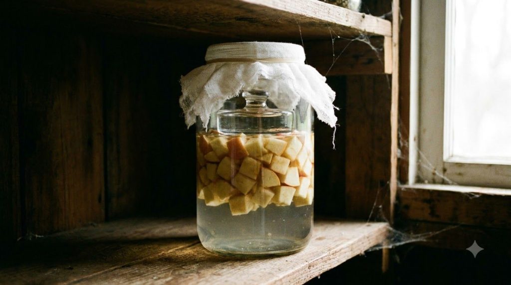 A glass jar with apple pieces submerged in water covered with a cheesecloth and rubber band sitting in a dimly lit cool 