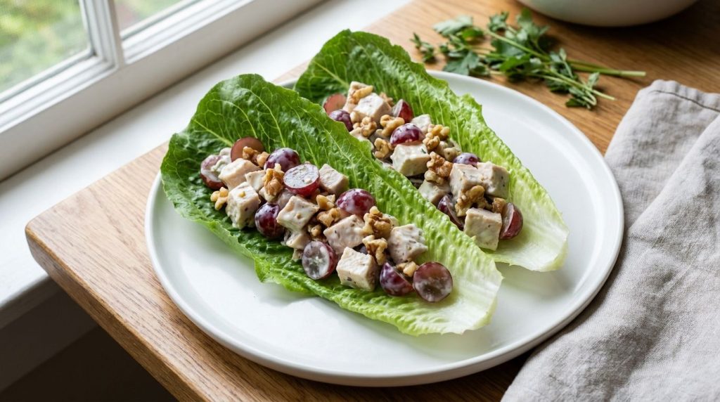 Two vibrant chicken salad lettuce wraps on a white plate filled with creamy chicken salad chopped grapes and walnuts The
