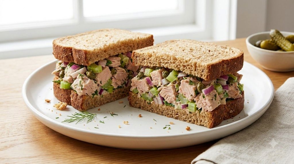 A vibrant close-up of a tuna salad sandwich cut diagonally revealing a chunky tuna salad mixture with celery and red oni