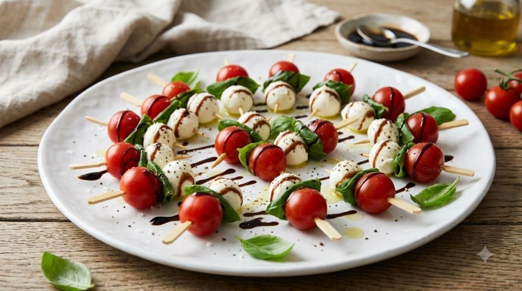 Colorful Caprese skewers arranged beautifully on a white platter featuring cherry tomatoes fresh mozzarella balls and ba