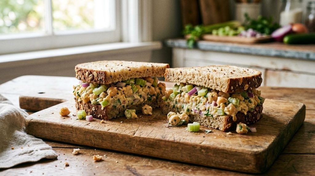 A delicious Zesty Chickpea Salad Sandwich cut in half showcasing a chunky plant-based filling with visible celery and re