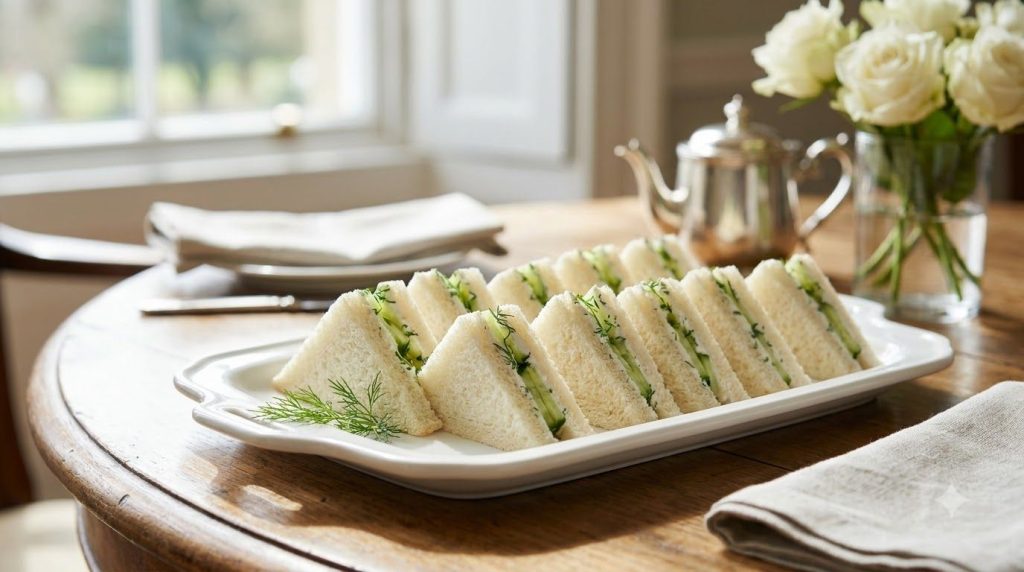 Small elegant cucumber cream cheese sandwiches crusts removed cut into dainty triangles or squares revealing a creamy fi