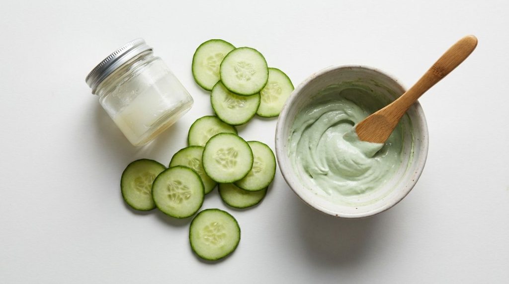 Ingredients for a DIY Vaseline and cucumber mask showing a jar of Vaseline sliced cucumber and a small bowl with the mix