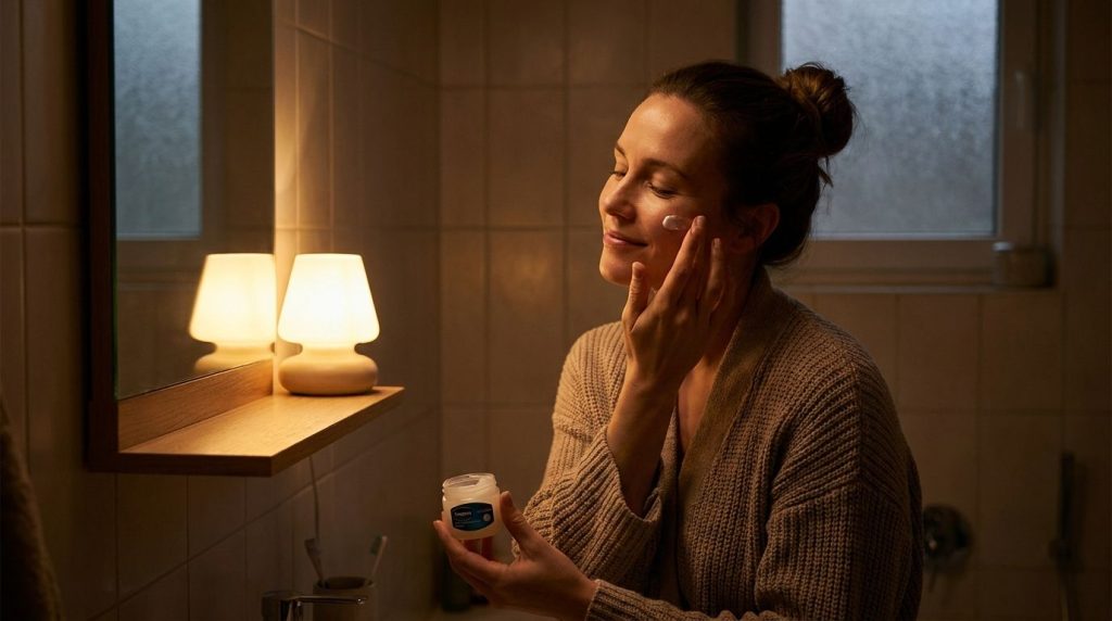 A woman gently applying a thin layer of Vaseline to her face as part of an evening skincare routine