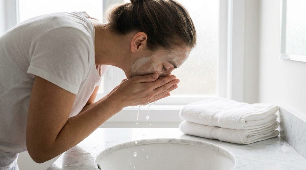 A person gently rinsing their face with lukewarm water after applying a face mask with soft towels nearby