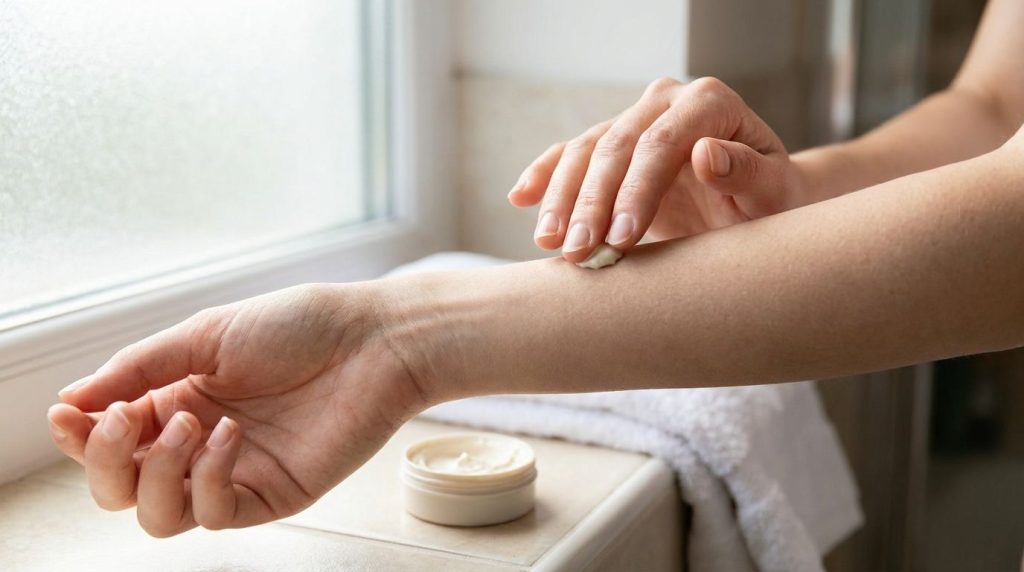 A person s hand gently applying a small amount of the Vaseline and baking soda paste to their cheek demonstrating a patc