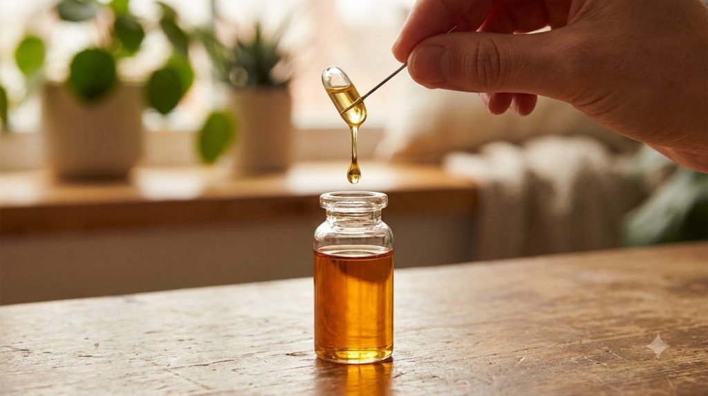 A small clear glass bottle containing a yellowish oil with a single vitamin E capsule punctured and dripping its content