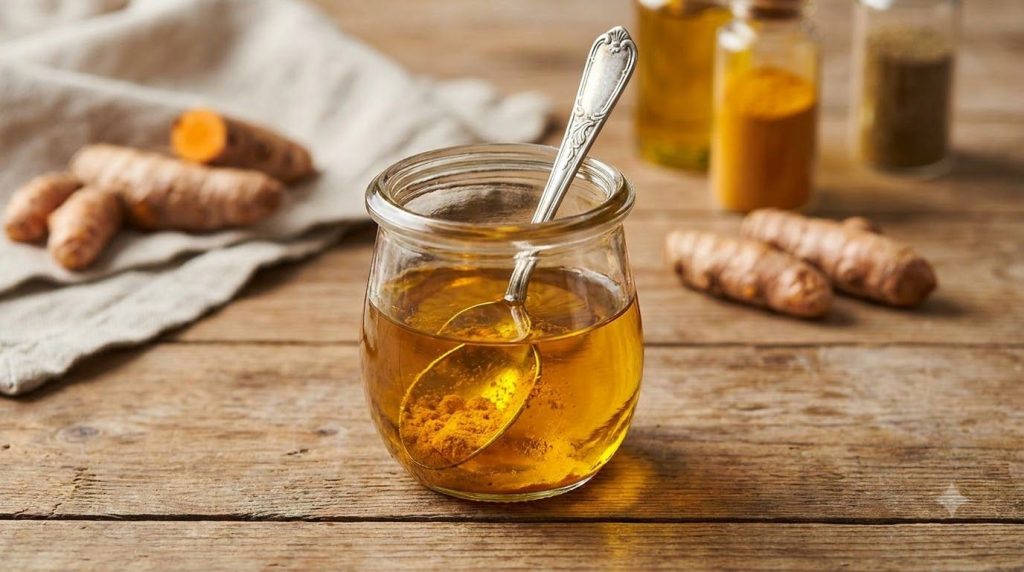 A small clear glass jar containing golden baby oil with a sprinkle of bright yellow turmeric powder being stirred in wit