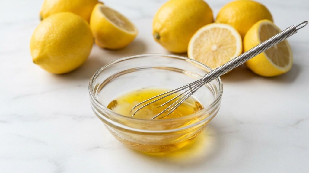 A small bowl with baby oil and fresh lemon juice being whisked together with fresh lemons visible in the background