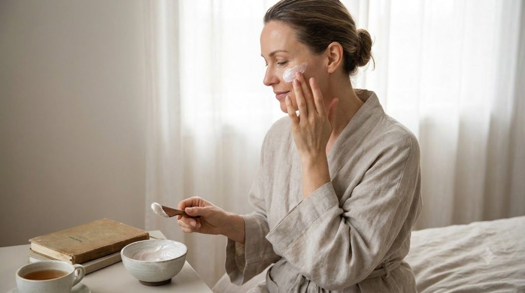 A woman applying a homemade white glow powder mask to her face before bed in a soft calm bedroom setting