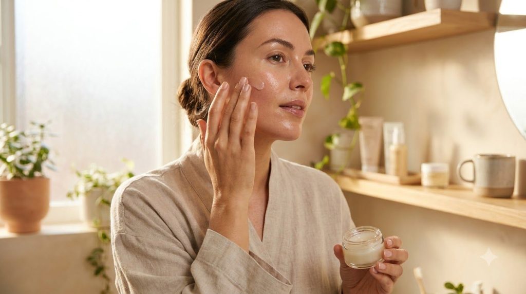 A woman gently applying a small amount of the glossy Vaseline and baby oil balm to her cheek showing hydrated slightly d