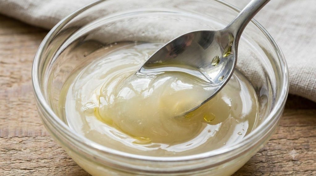 Close-up of a spoon mixing translucent Vaseline and clear baby oil in a small glass bowl showing a smooth glossy texture