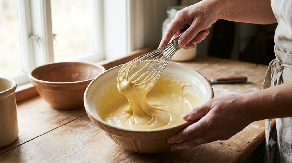Close-up of hands whisking ingredients in a bowl to create a smooth creamy texture Ingredients include aloe vera gel alm