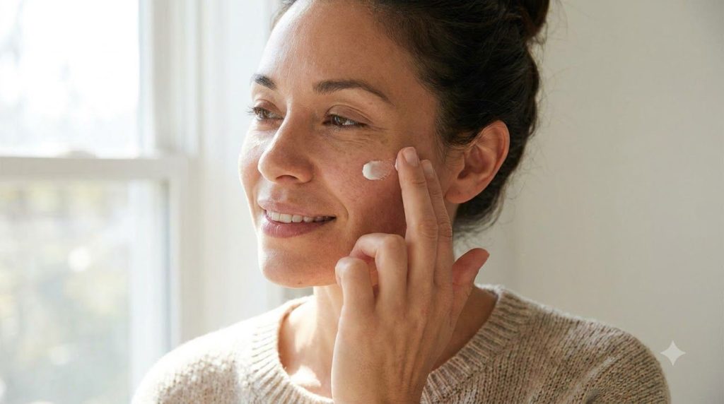 A woman gently applying a small amount of face cream to her cheek with a soft content expression Her hand is clean and t