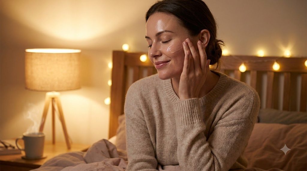 A woman gently massaging a clear gel onto her face at night with a soft glowing complexion