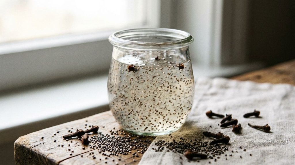Close-up of a small glass jar filled with the homemade chia seed and clove night gel with fresh chia seeds and cloves sc