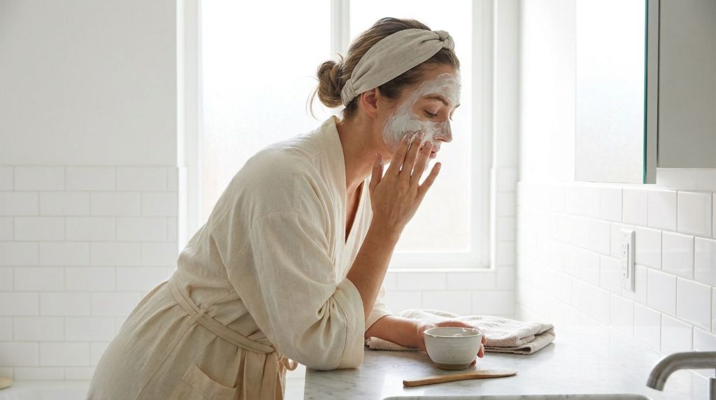 A woman gently applying a white mask mixture to her cheek with her fingertips her eyes closed slightly in a well-lit bat
