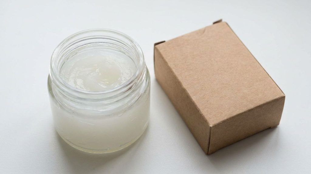 Close-up shot of an open jar of Vaseline and a small box of baking soda neatly arranged on a clean white background emph