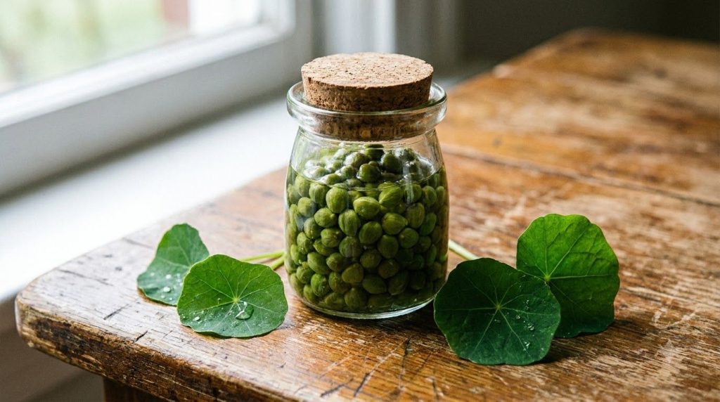 Small glass jar filled with pickled nasturtium seeds resembling capers next to fresh nasturtium leaves