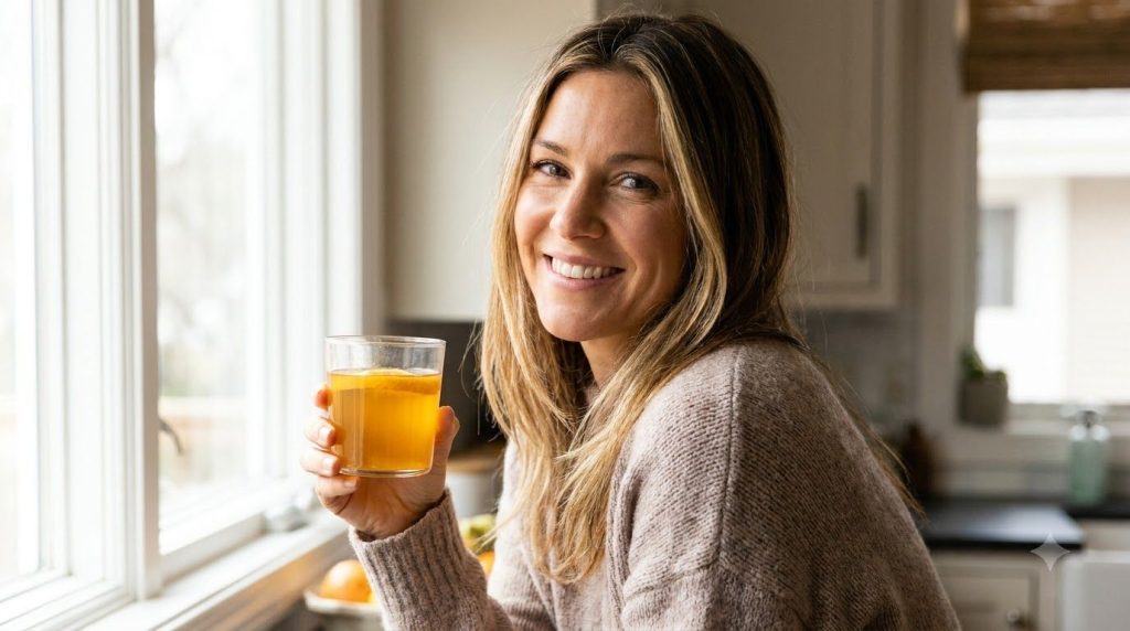 A woman in her 30s or 40s smiling and looking refreshed holding a glass of a golden-colored beauty drink with soft natur