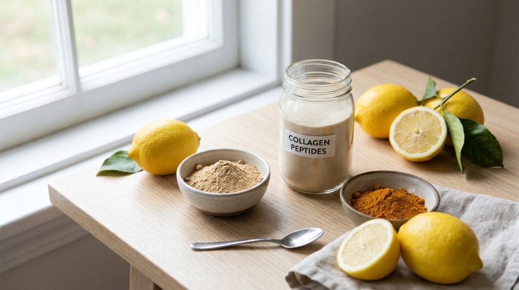 Various ingredients for a beauty drink laid out on a clean surface a container of collagen peptides a small bowl of amla